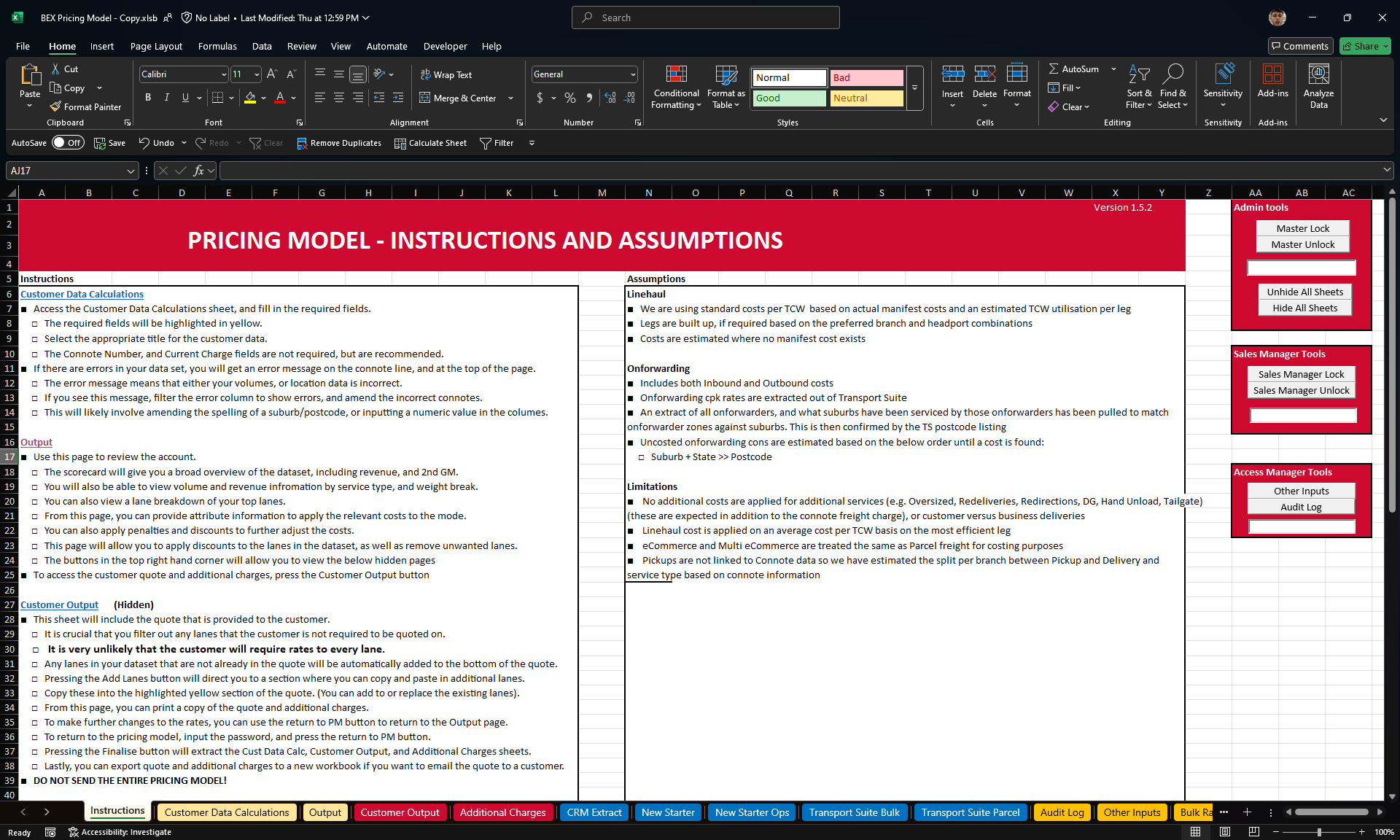 Pricing Model Instructions and Assumptions